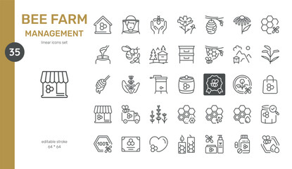 Bee Farm Management Vector Icons Set. Beehive Tools, Beekeeping Equipment, Honey Production, Bee Products, Flowers, and Beehives. Editable Linear Collection.