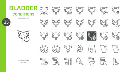 Bladder Conditions Vector Icons Set. Illustrations of Various Bladder Issues, Including Infections, Stones, Urinary Problems, Diagnostic Tests, and Treatment Options. Editable Symbols Collection.