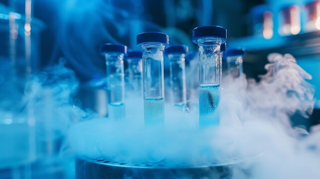 Vial with dry ice for cryopreservation. Cryosample of stem cells in culture medium with cryoprotector DNA sequencing CRISPR genome research liquid nitrogen test tubes stem cell