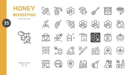 Honey Beekeeping Vector Icons Set. Beekeeping Tools, Honey Harvesting, Beehives, Bees, Honeycomb, Nectar, Flowers, and Organic Honey. Editable Linear Collection.