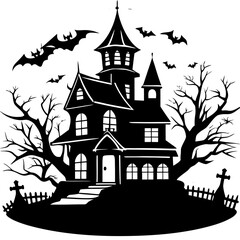Halloween Haunted house silhouette, scene of ghost mansion. Vector illustration