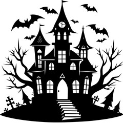 Halloween Haunted house silhouette, scene of ghost mansion. Vector illustration