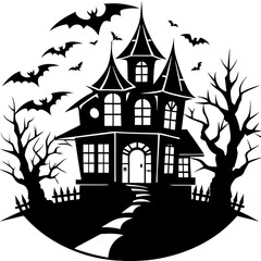 Halloween Haunted house silhouette, scene of ghost mansion. Vector illustration