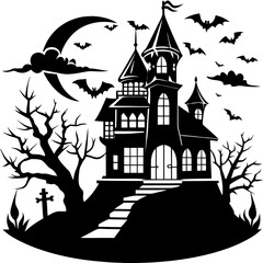Halloween Haunted house silhouette, scene of ghost mansion. Vector illustration