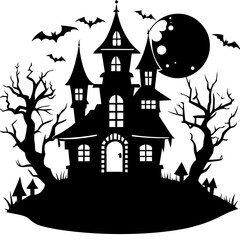 Halloween Haunted house silhouette, scene of ghost mansion. Vector illustration