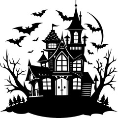 Halloween Haunted house silhouette, scene of ghost mansion. Vector illustration