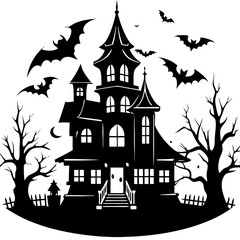 Halloween Haunted house silhouette, scene of ghost mansion. Vector illustration