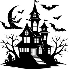Halloween Haunted house silhouette, scene of ghost mansion. Vector illustration