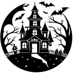 Halloween Haunted house silhouette, scene of ghost mansion. Vector illustration