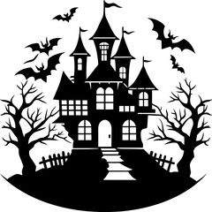 Halloween Haunted house silhouette, scene of ghost mansion. Vector illustration