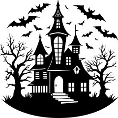 Halloween Haunted house silhouette, scene of ghost mansion. Vector illustration