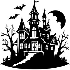 Halloween Haunted house silhouette, scene of ghost mansion. Vector illustration