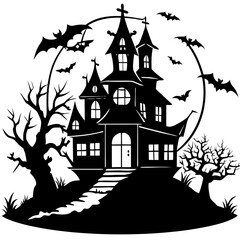 Halloween Haunted house silhouette, scene of ghost mansion. Vector illustration