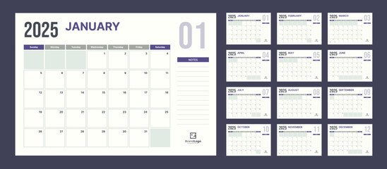 2025 calendar planner set for template corporate design week start on Sunday in color of the year.	
