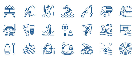 Summer Activities Vector Icons Set. Picnic, Hiking, Kayaking, Surfing, Snorkeling, Fishing, Paddle boarding, Kite Flying, Beach Volleyball, and More. Editable Linear Collection.