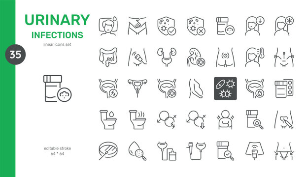 Urinary Infections Vector Icons Set. Symptoms, Diagnosis, Treatment, Urinary Tract Anatomy, and Preventative Measures. Editable Linear Collection.