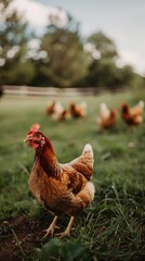 Fototapeta premium A chicken in a grassy field