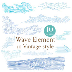 Set of blue hand drawn wave elements vector. Natural art background with Chinese ocean sea icon and symbol in vintage style