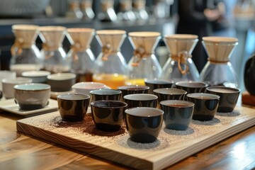 Sophisticated Coffee Tasting Display An Inviting Array of Cups and Aroma Jars to Enhance the Tasting Experienc