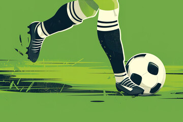 Fototapeta premium Isolated on a green background, you can see a white football ball pressed against the grass by the feet of a football player.