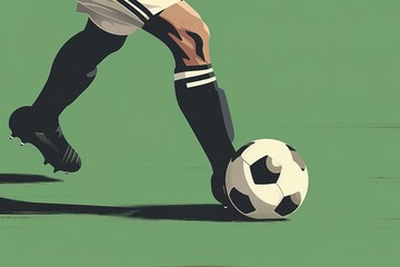 Fototapeta premium Isolated on a green background, you can see a white football ball pressed against the grass by the feet of a football player.