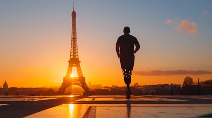 Runner with prosthetic legs jogging in front of the Eiffel Tower at sunrise, clear sky, vibrant lighting, detailed textures, high resolution