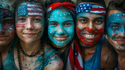 Obraz premium A group of friends with faces painted, showcasing vibrant colors and themes of patriotism.