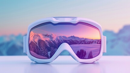 art of ski goggles on a white surface with mountain landscape reflection, bright colors, detailed elements, modern style, sharp details