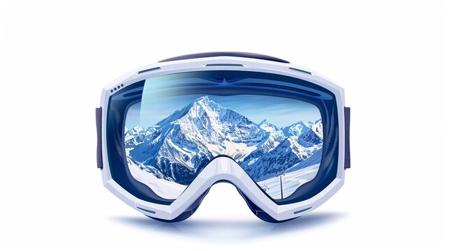  ski goggles on a white surface with mountain landscape reflection, bright colors, detailed elements, modern style, sharp details