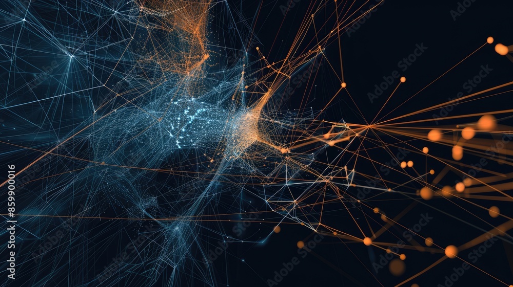 Poster abstract art of digital network with glowing orange and blue dots on a dark background. digital art 