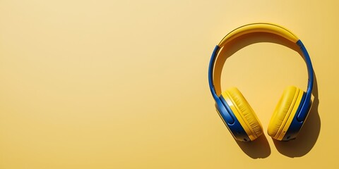 In a flat lay top view arrangement, a minimalist yellow background features headphones positioned to the right, with available space for adding text or showcasing products.