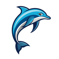 Fototapeta premium A cartoon-style illustration of a blue dolphin leaping out of the water, with a white background.