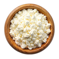 Cottage cheese, curd in wooden bowl, top view isolated on transparent background