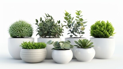 A variety of potted plants on a white background. 