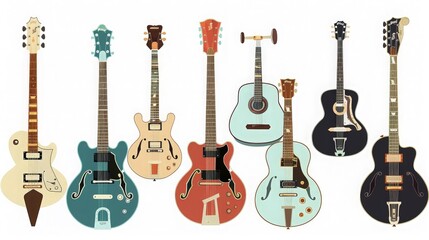 Naklejka premium Collection of Vintage Guitars on White Background