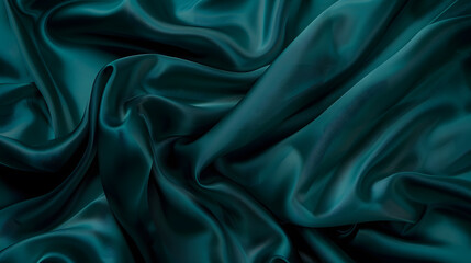 Fototapeta premium Dark teal green silk satin Shiny smooth fabric Soft folds Luxury background with space for design web banner Flat lay top view table Birthday Christmas Valentine New year : Generative AI