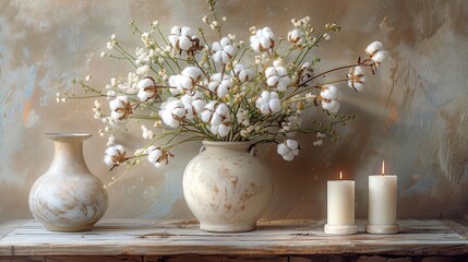Obraz premium The painting depicts a still life with a vase of cotton flowers. 