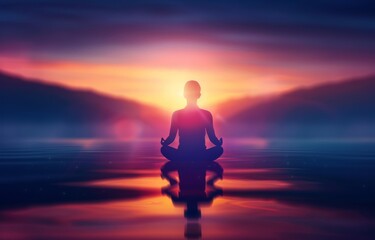 Serene silhouette meditating at sunrise over calm waters, capturing peacefulness and tranquility in a vibrant and colorful nature setting.