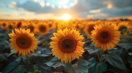 Obraz premium A field of sunflowers in bloom with the sun setting in the background.