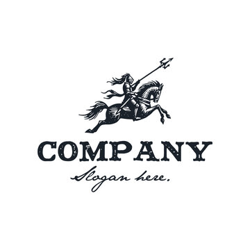 vintage design logo gladiator and horse hand drawn vector illustration