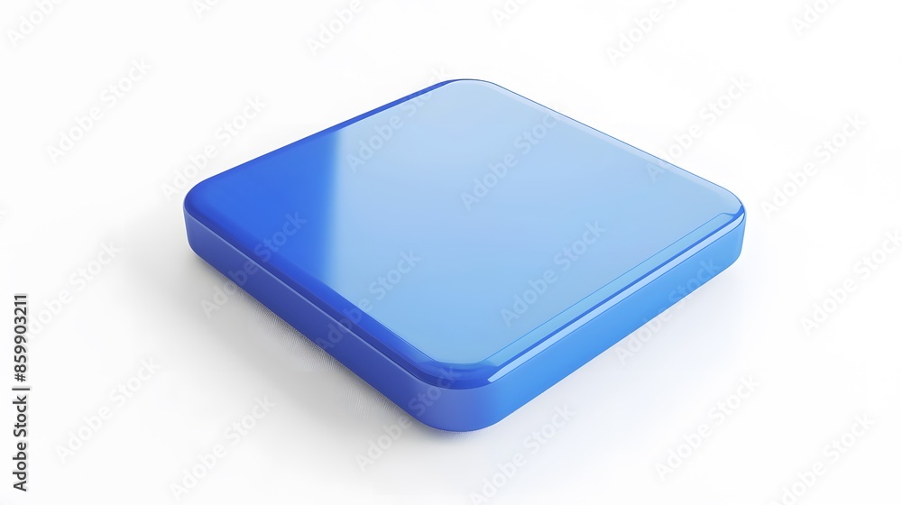 Poster blank mobile application icon, button - blue square with round corners. 3d rendering, white backgrou
