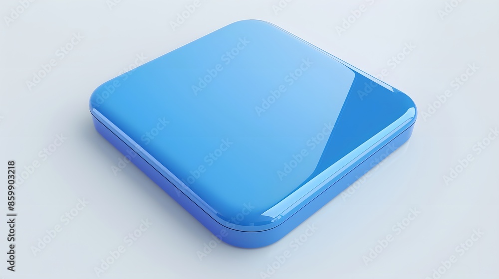 Poster blank mobile application icon, button - blue square with round corners. 3d rendering, white backgrou