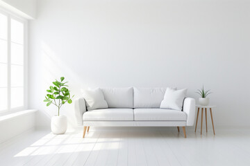 A modern white sofa with pillows, accompanied by a potted plant and natural light filling the room, showcasing minimalist elegance with copy space for mockup