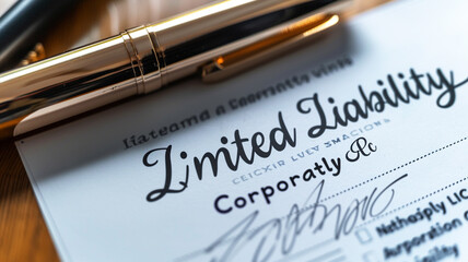 Fototapeta premium Close-up of Limited Liability Corporation document with pen, illustrating business registration and formality.