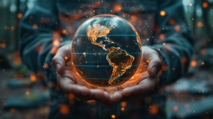 A glowing 3D Earth in a persons hand with a blurry background.