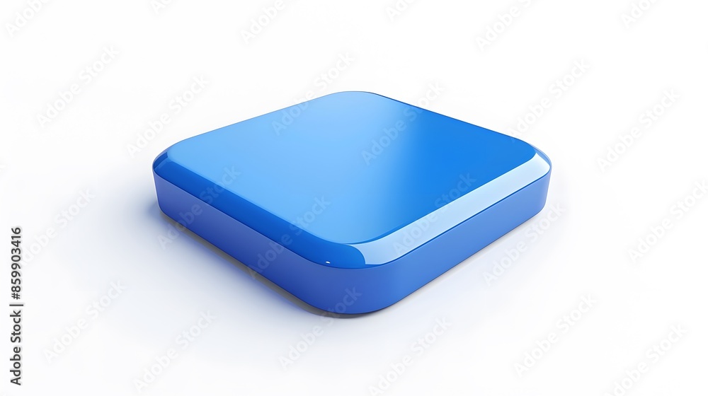 Poster blank mobile application icon, button - blue square with round corners. 3d rendering, white backgrou
