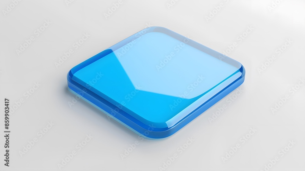 Poster blank mobile application icon, button - blue square with round corners. 3d rendering, white backgrou