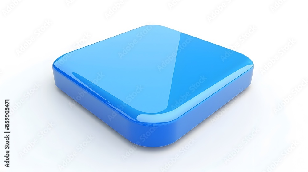 Poster blank mobile application icon, button - blue square with round corners. 3d rendering, white backgrou