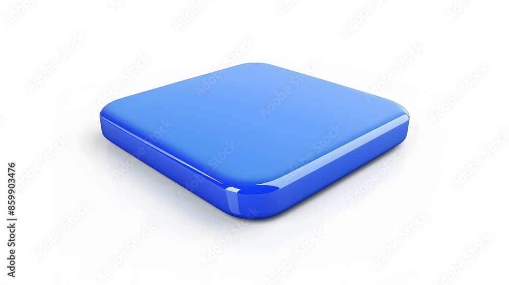 Poster blank mobile application icon, button - blue square with round corners. 3d rendering, white backgrou