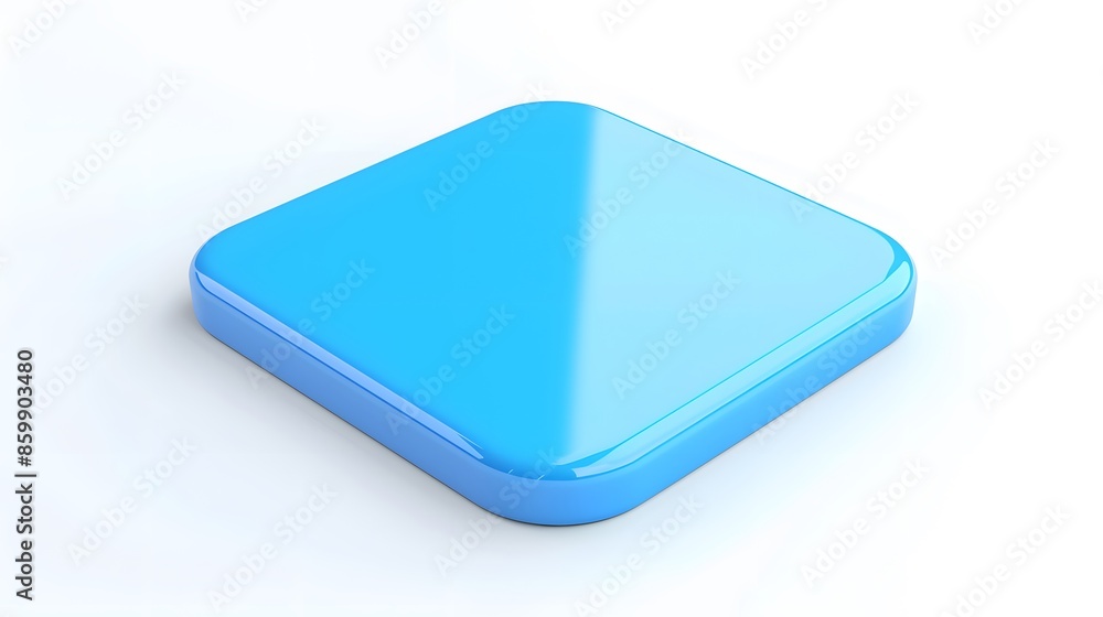 Poster blank mobile application icon, button - blue square with round corners. 3d rendering, white backgrou